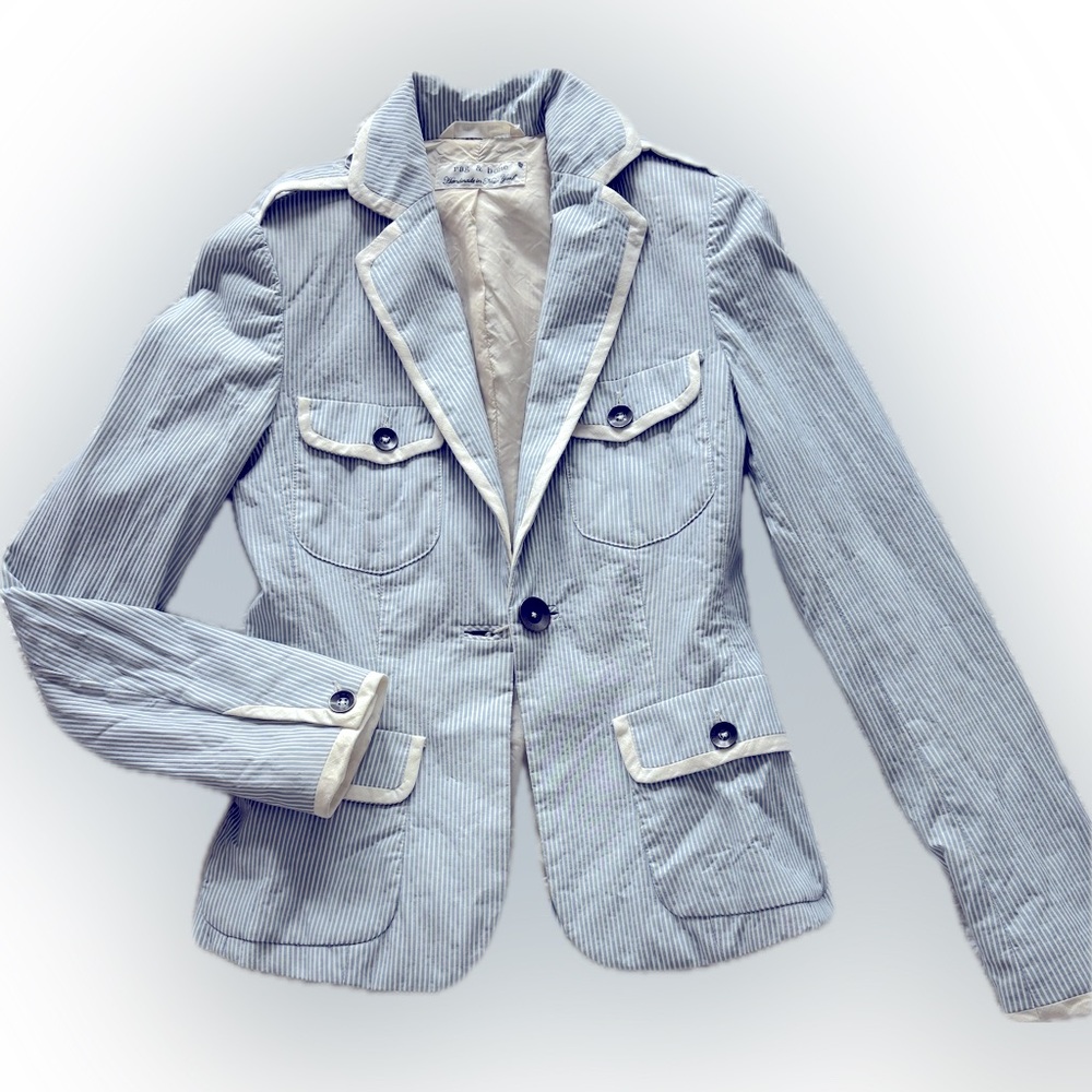 Rag & Bone Pinstripe Notched Lapel Single Breasted Blazer Blue White 2